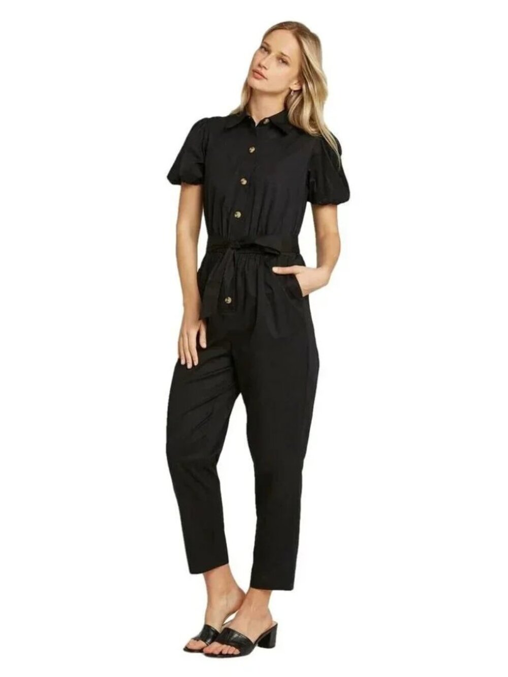 NEW Who What Wear Belted Puff Sleeve Collared Jumpsuit Black Women's XL